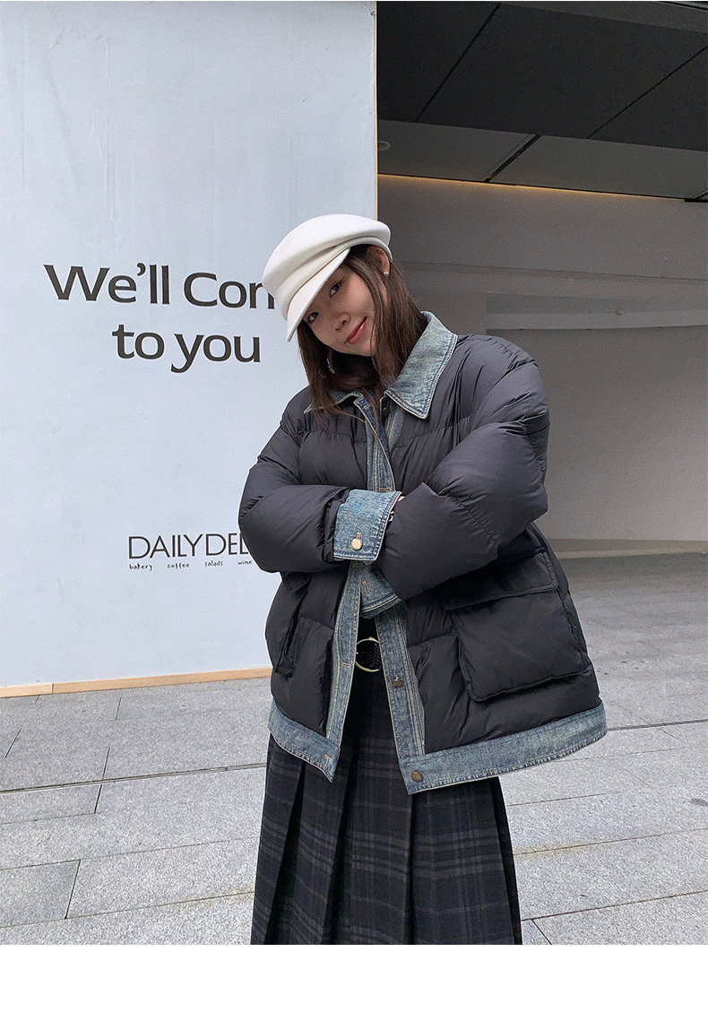 Qumeng DT CLASSIC Retro patchwork fake two-piece denim down jacket for women, 90 white duck down winter coat for women pic 15
