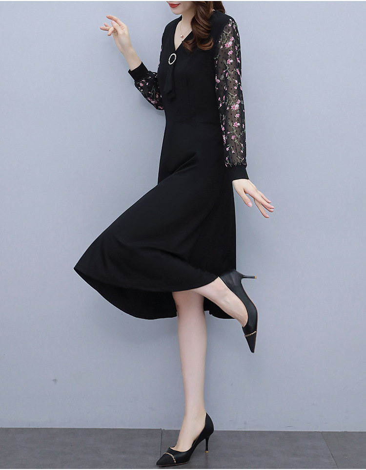 Chiffon dress for women 2022 Spring and Autumn New Style, a mid-length Korean-style waist-cinching and slimming dress with floral patchwork pic 10