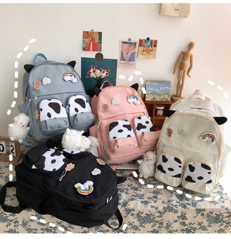 Japanese-style ins campus school style, fresh and cute, cute cow with earbuds, soft girl schoolbag, funny student backpack pic 26