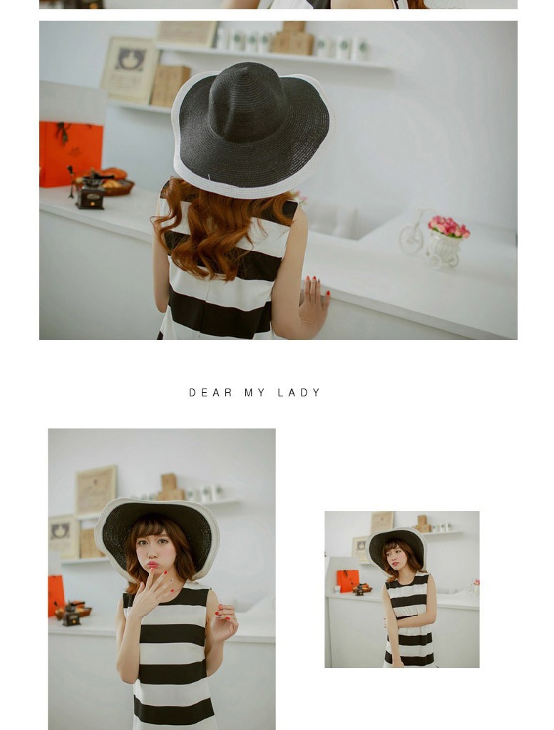 Black and white striped folding summer wide-brimmed sun hat for women, sun-protective beach straw woven hat pic 3