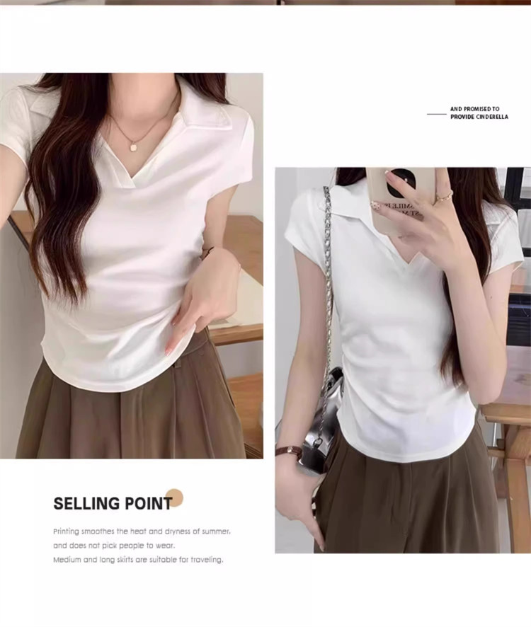 polo collar slimming and form-fitting shoulder T-shirt for women, short sleeve, pure and hot girl, short design with a cinched waist, top for summer pic 26