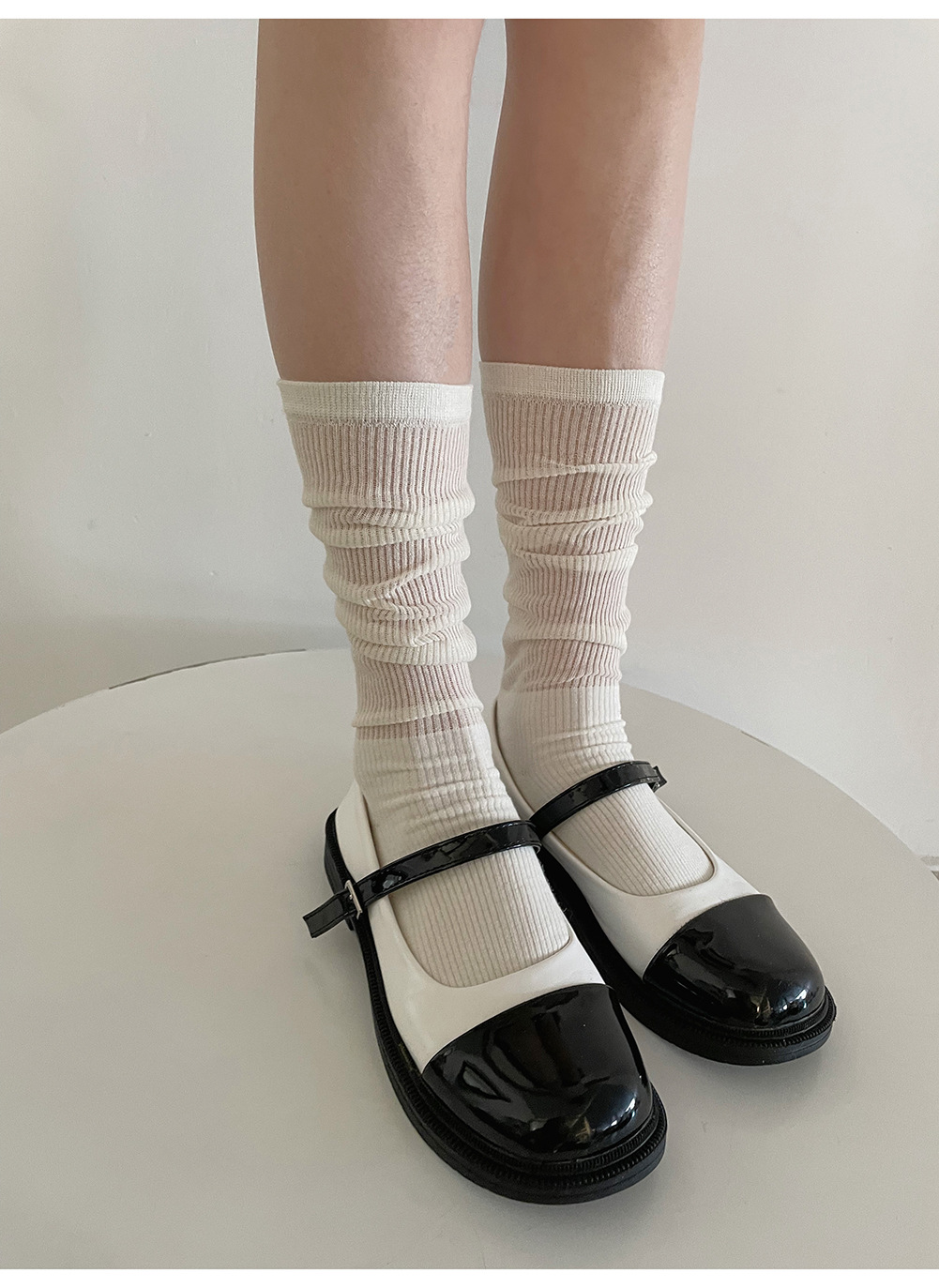 春夏款拼接针织堆堆袜女奶白色miu风ins潮袜走秀款薄透小腿袜子详情6