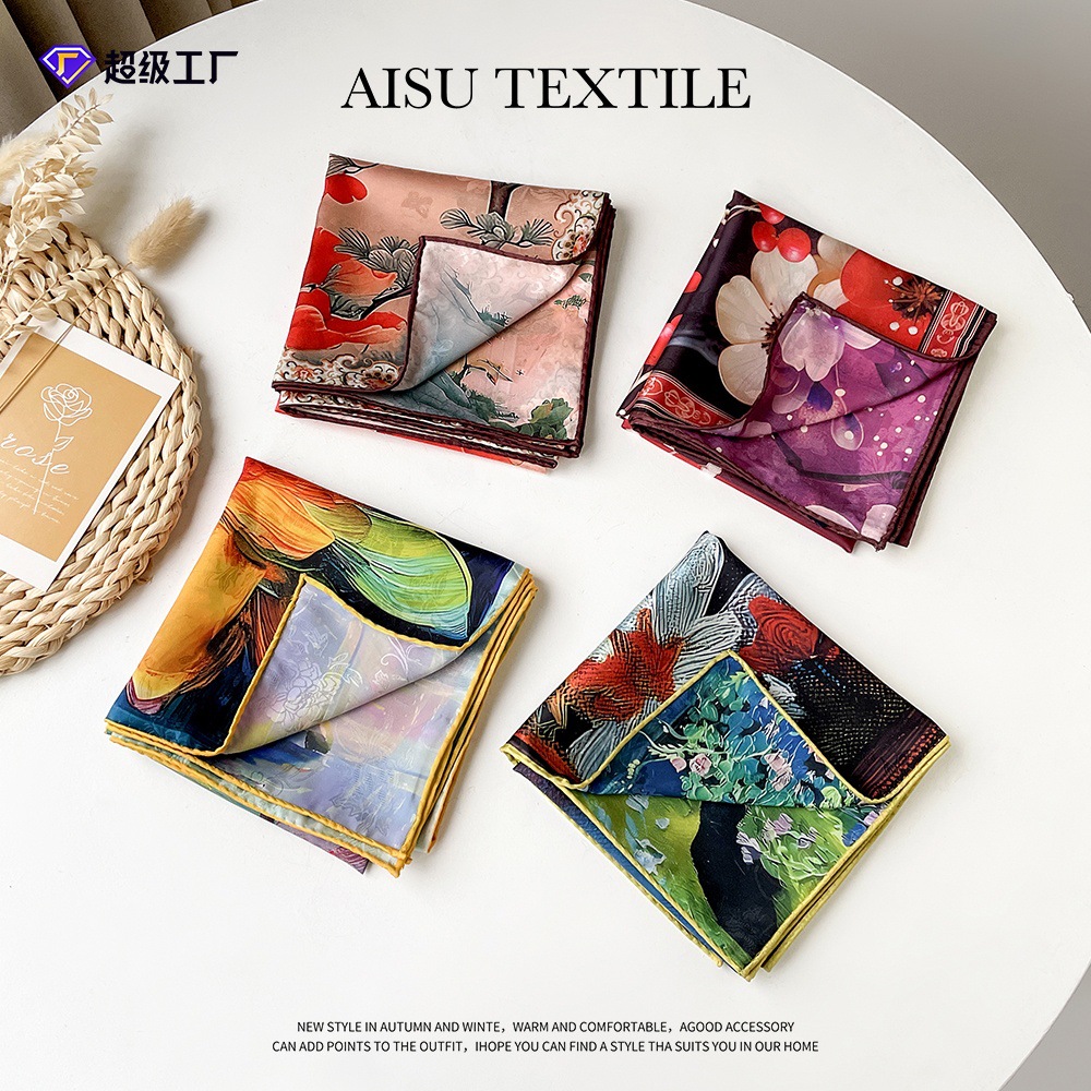 国潮中式山水丝巾方巾高级感高档香云纱装饰围脖夏季防晒披肩现货批发详情2