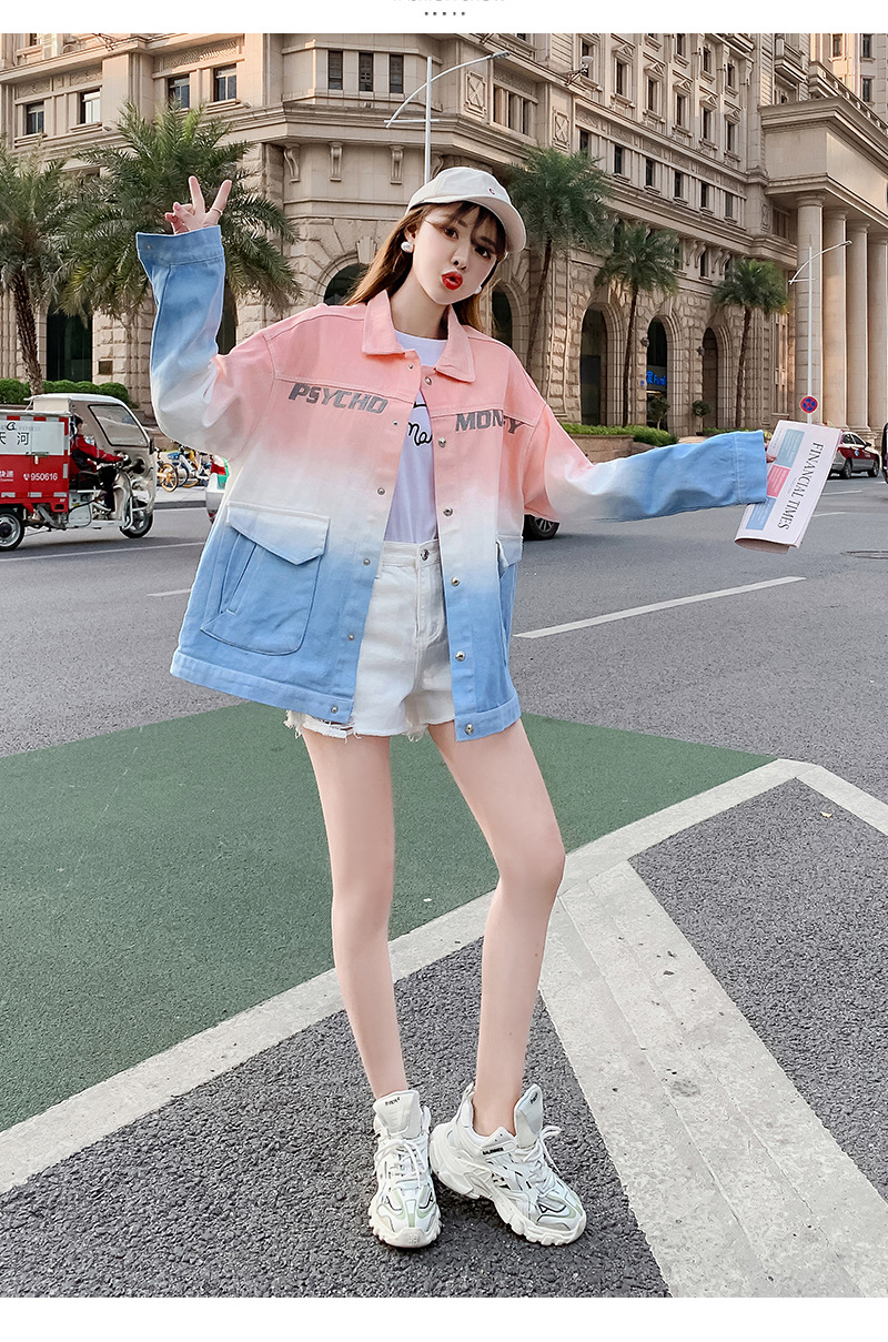 2022春秋季新款韩版女装学生宽松印花渐变牛仔外套女百搭夹克上衣详情13