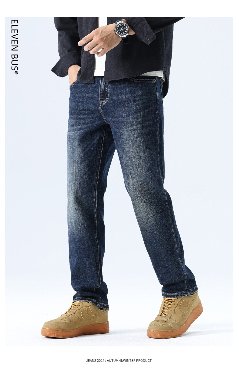 American trendy stretch jeans for men, thickened with fleece, loose straight leg, casual and versatile washed long pants for men pic 15