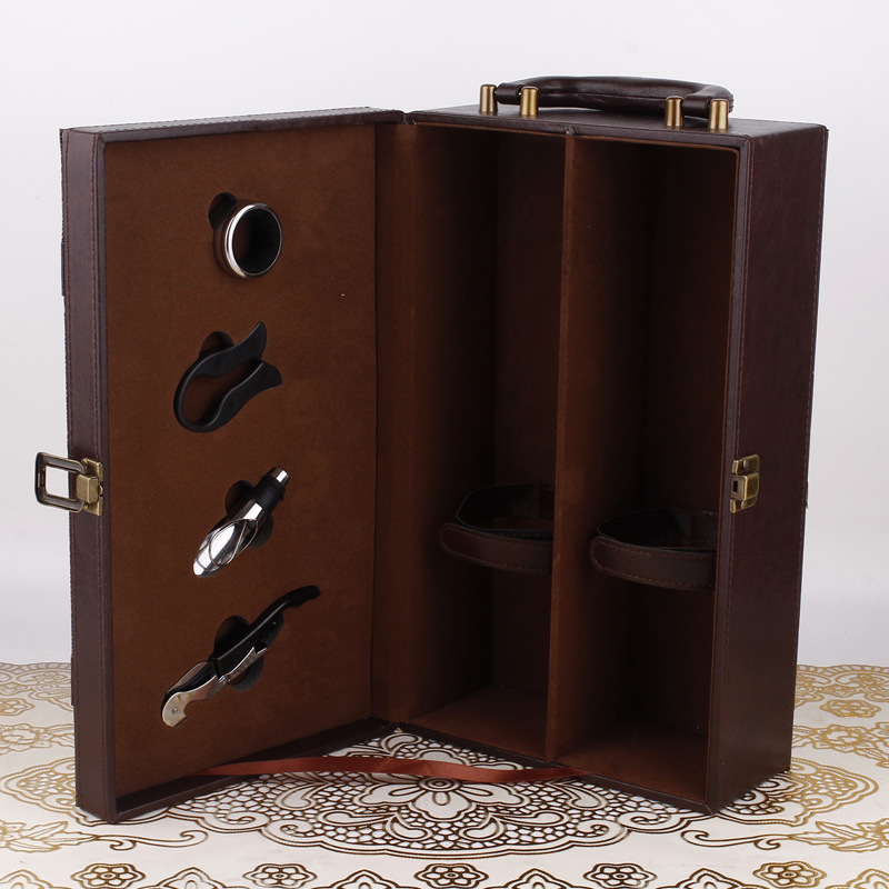 Double-bottle in-stock wine box, red wine leather box, wine box packaging, high-end single-bottle gift box, red wine box pic 2