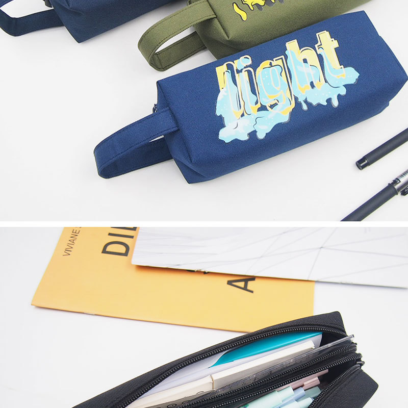 Creative double-layer large-capacity hand-held pen case, simple canvas double-zipper pencil case, stationery storage bag pic 15