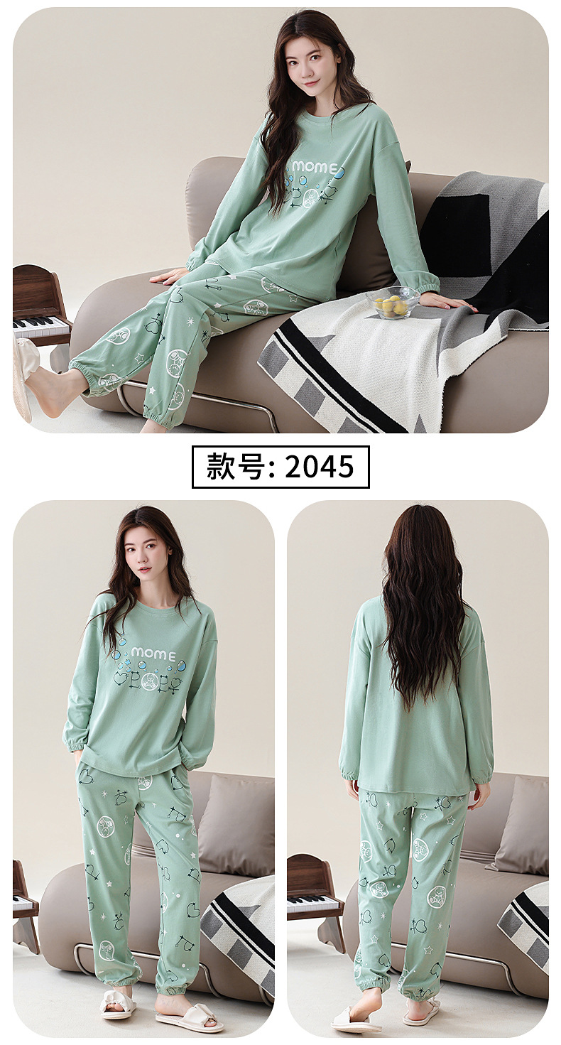 新款春秋冬季长袖长裤宽松套装100%纯棉女士睡衣空调房家居服薄款详情20