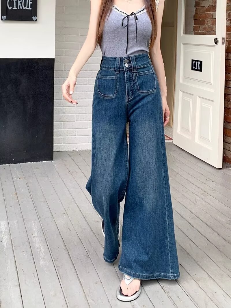 2024春秋季新款蓝色高腰宽松牛仔裤女时尚爆款设计感阔腿直筒长裤详情3