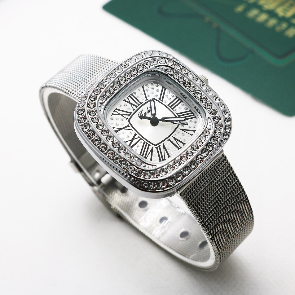 工厂现货外贸手表时尚镶钻数字罗马方形石英网带手表抖音直播手表详情2