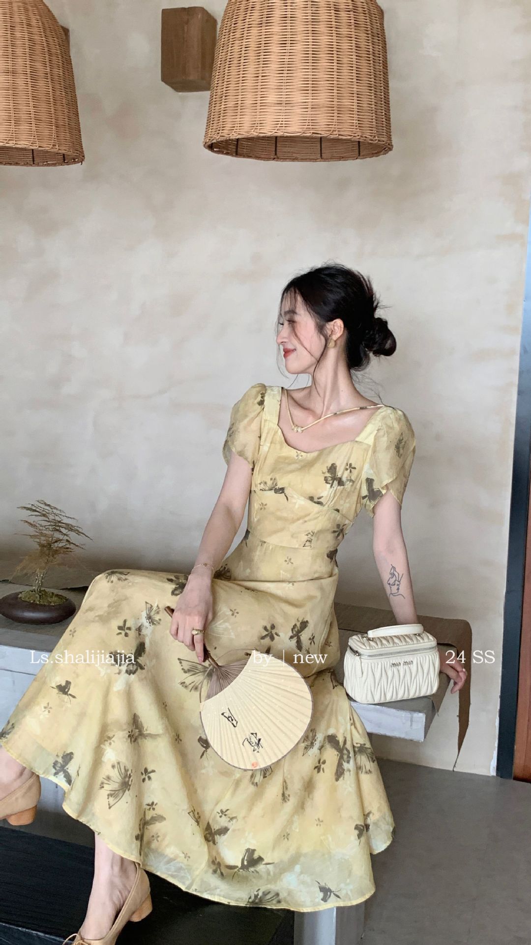 LS广州十三行春夏2024新品女装碎花度假优雅修身方领连衣裙51250#详情9