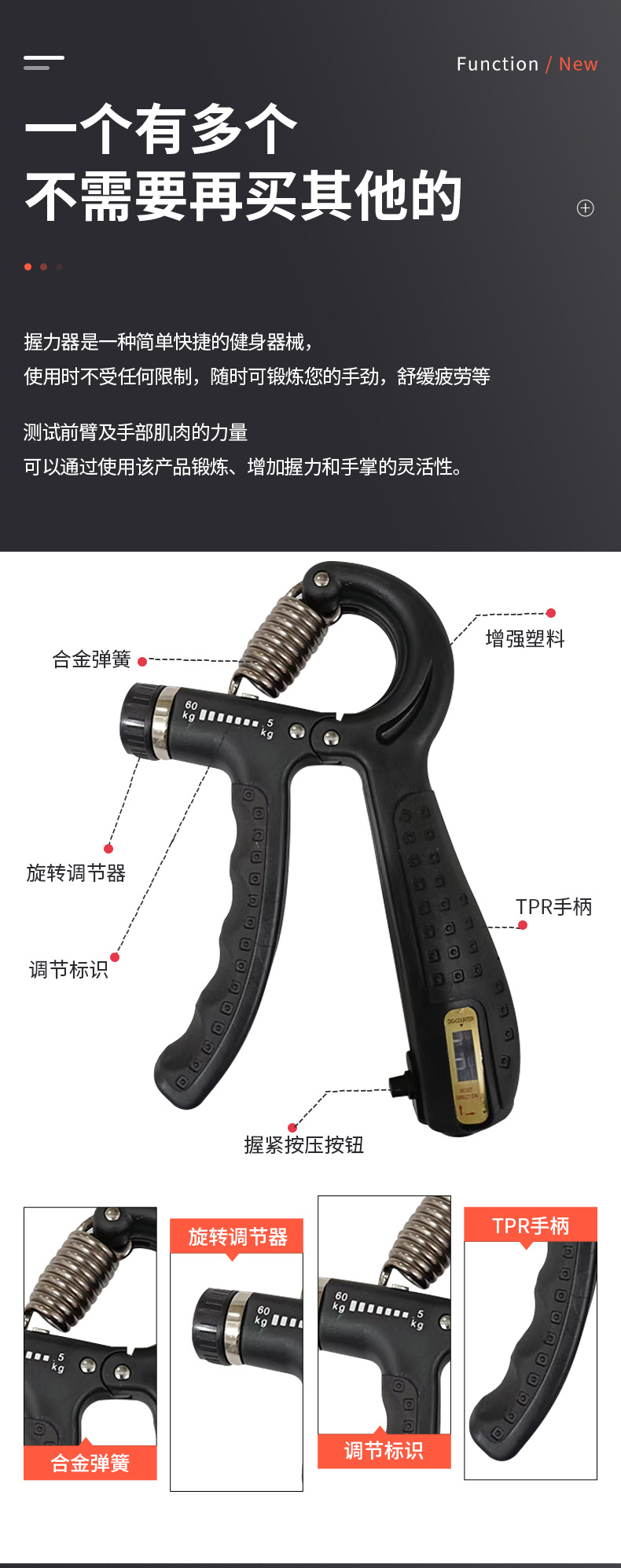 可计数握力器套装 手部训练手指康复计数器套装 可调节腕力器锻炼 带耳机功能 音乐健身两不误详情5
