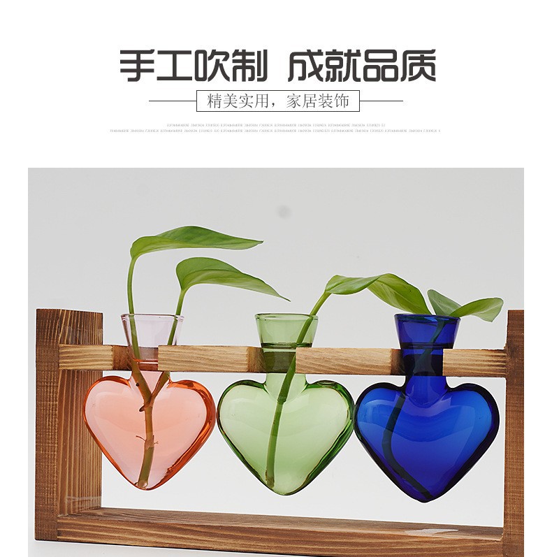 跨境创意木架水培花瓶彩色心形透明玻璃花瓶容器家居装饰插花摆件详情7