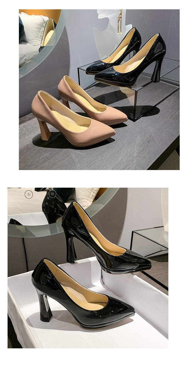 Pointed-toe nude high heels for women, 2023 new style, simple, fashionable and versatile, patent leather shallow toe square heel single shoe pic 19