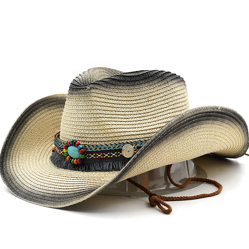 Spring and summer Bohemian-style western cowboy straw hat cross-border trade foldable windproof rope Tibetan top hat pic 11