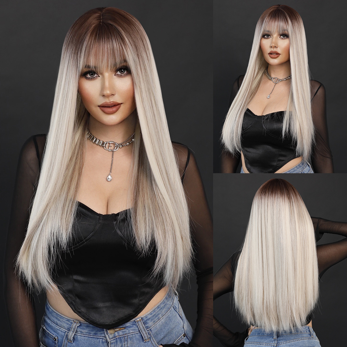 A cross-border Wig blogger on Xiaohongshu, a wig for women with long straight hair, highlights dyed beige lolita, and a full synthetic fiber wig pic 3