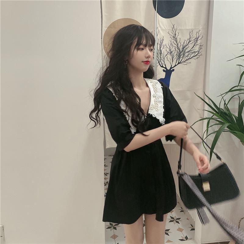 胖妹妹复古撞色娃娃领连衣裙大码小个子轻熟风优雅气质小黑裙女夏详情5