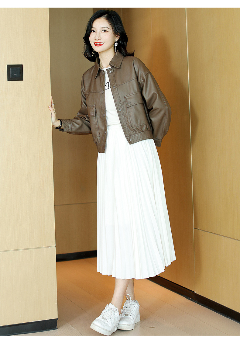 纯色单排扣PU皮衣女2022年春秋新款时尚韩版翻领长袖机车服外套详情15