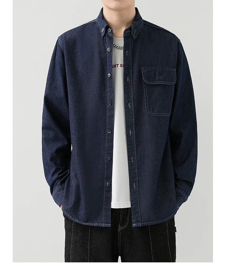 男装薄款牛仔长袖衬衫男2023春秋韩版潮流休闲纯色工装衬衣外套男详情9