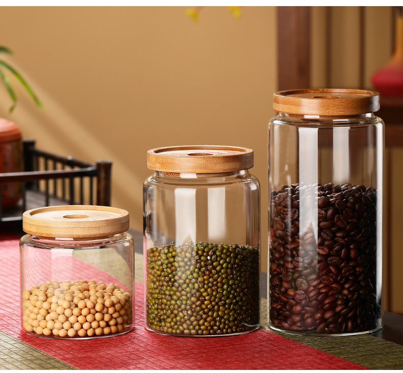 Inicio altura recta vidrio de borosilicato latas herméticas al por mayor tapas de bambú latas de té latas de almacenamiento botellas de almacenamiento de dulces pic 14
