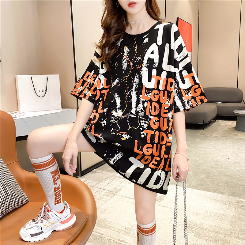 Mid-length short-sleeved T-shirt for women, 2021 new summer Instagram trendy Korean style loose large-sized student graffiti top pic 15