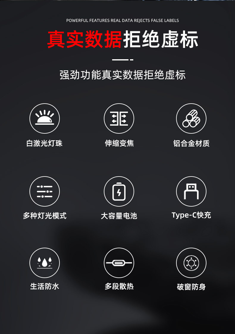 跨境白激光战术手电筒强光充电超亮远射家用户外多功能便携超长续详情2