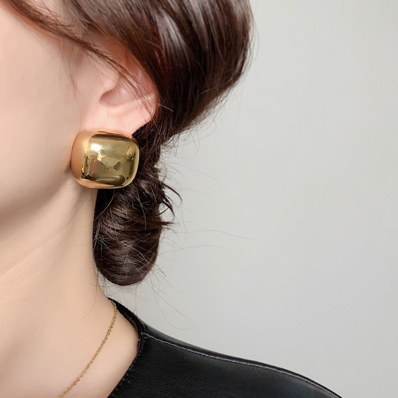 跨境爆款欧美INS风大光面方形耳钉小众高级感高光镜面耳环电镀24K详情5
