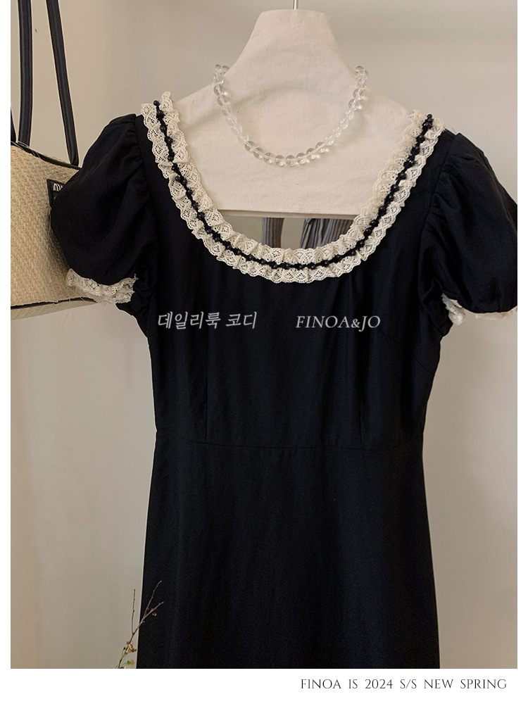 费挪 OLIVE十三行春夏新品法式优雅气质黑色蕾丝花边连衣裙2166详情20
