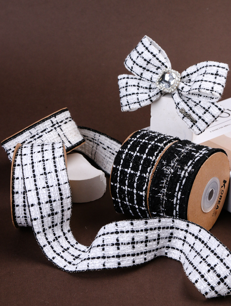 Korean-style chanel-style cotton and linen checkered, gold and silver thread, scallion ribbon DIY bow hair accessory, shoes, hats, clothing, cuff trims pic 7