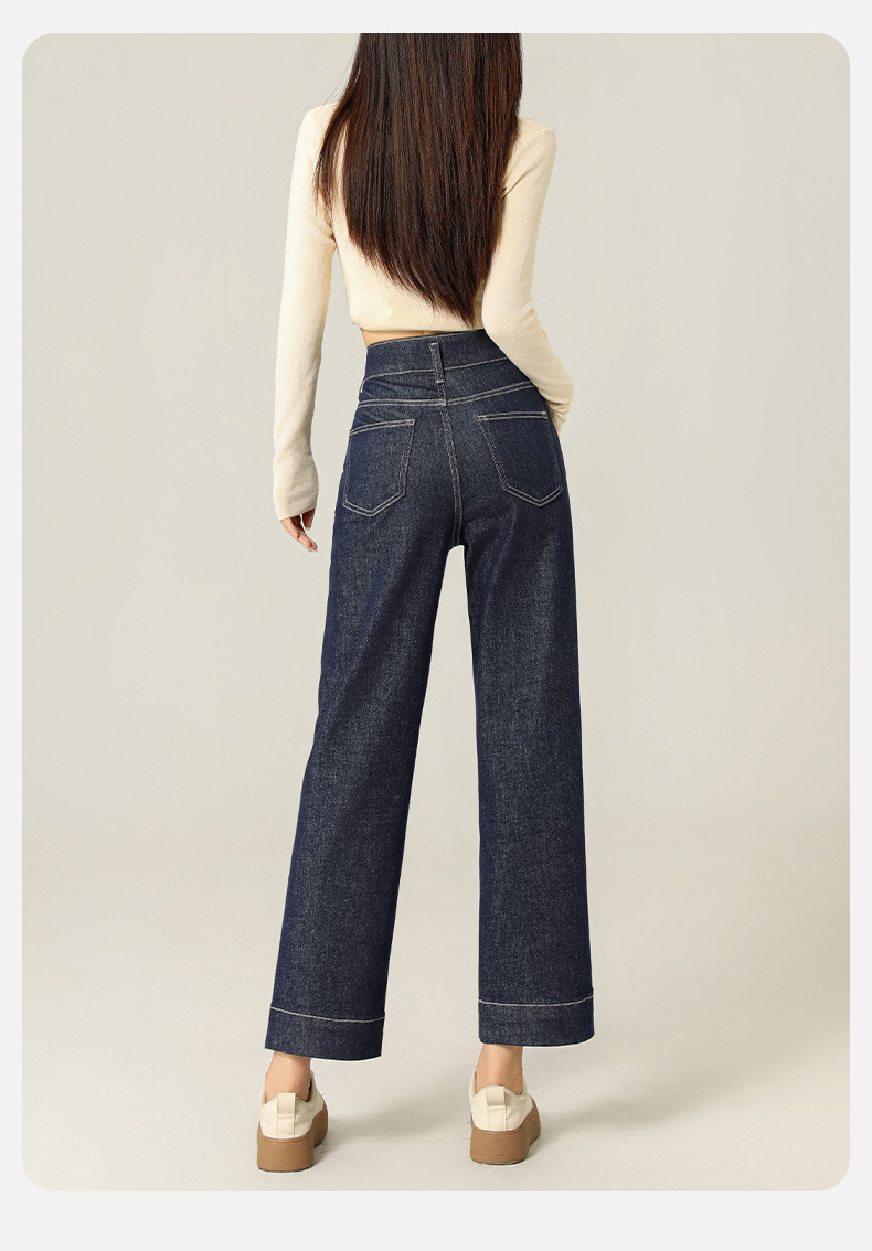 Anti-fading stretch denim natural-color jeans for women in autumn with a button-down design, high-waisted, petite straight-leg 9-inch pants pic 13