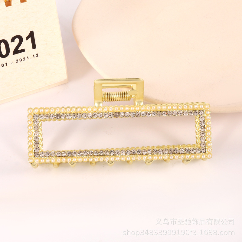 新款金属滴油珍珠水钻发夹流行简约女式发抓网红鲨鱼夹发卡大抓夹详情6
