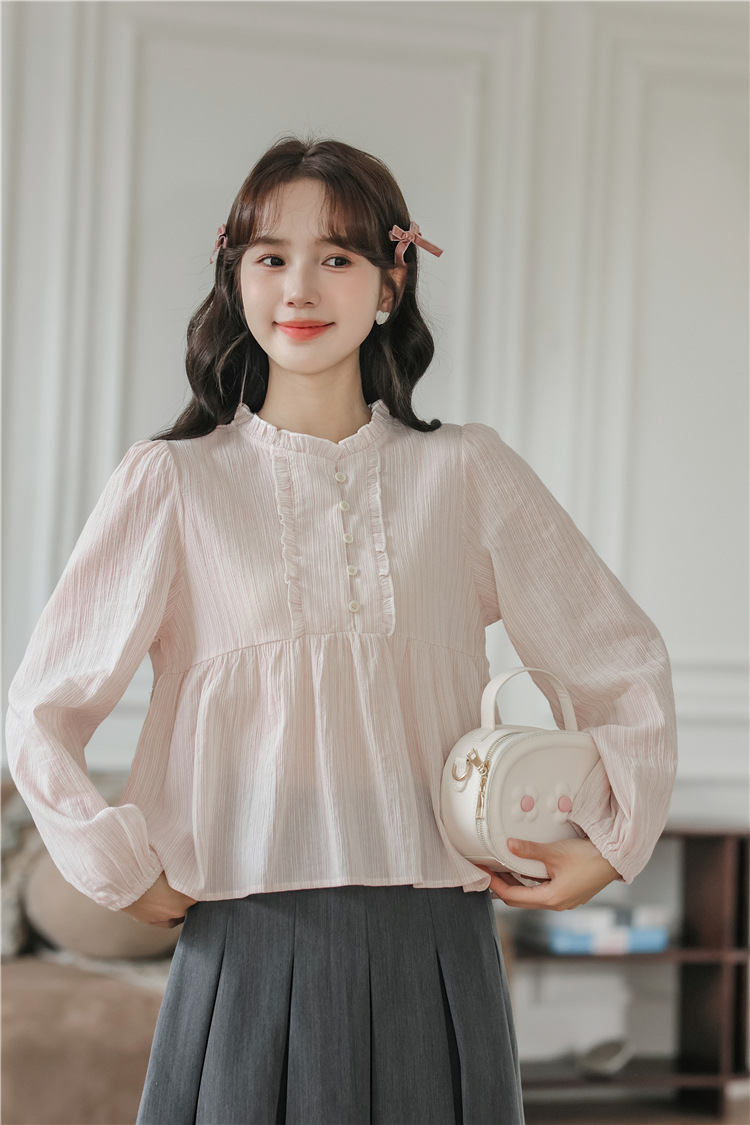 2023 Autumn new style sweet and fresh lantern sleeve lace patchwork round neck pullover long-sleeved striped doll shirt for women pic 17