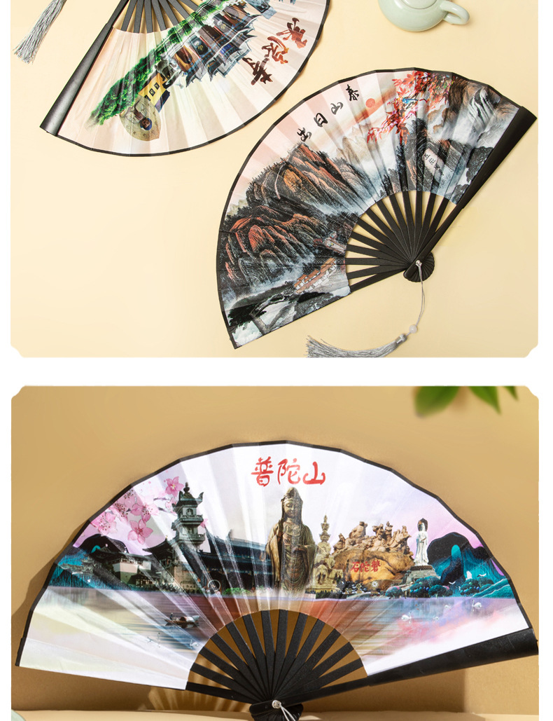 8寸黑杆竹骨双面绢布折扇中国风折扇旅游景区礼品国潮风扇子批发详情8