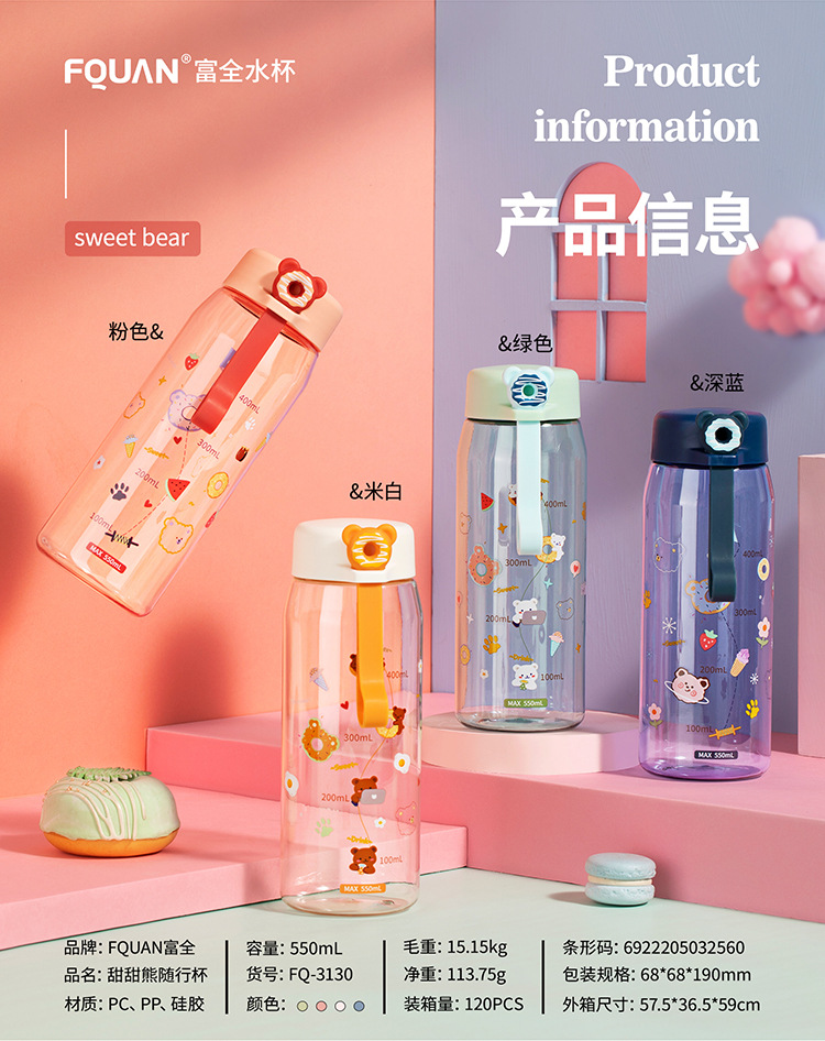 日系ins风硅胶提绳杯可爱甜甜熊便携随行杯户外运动塑料水杯批发详情2