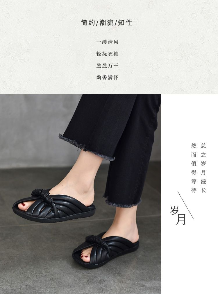 原创小众平底软底拖鞋女夏外穿真皮一字拖鞋鱼嘴皮拖鞋女2024新款详情15