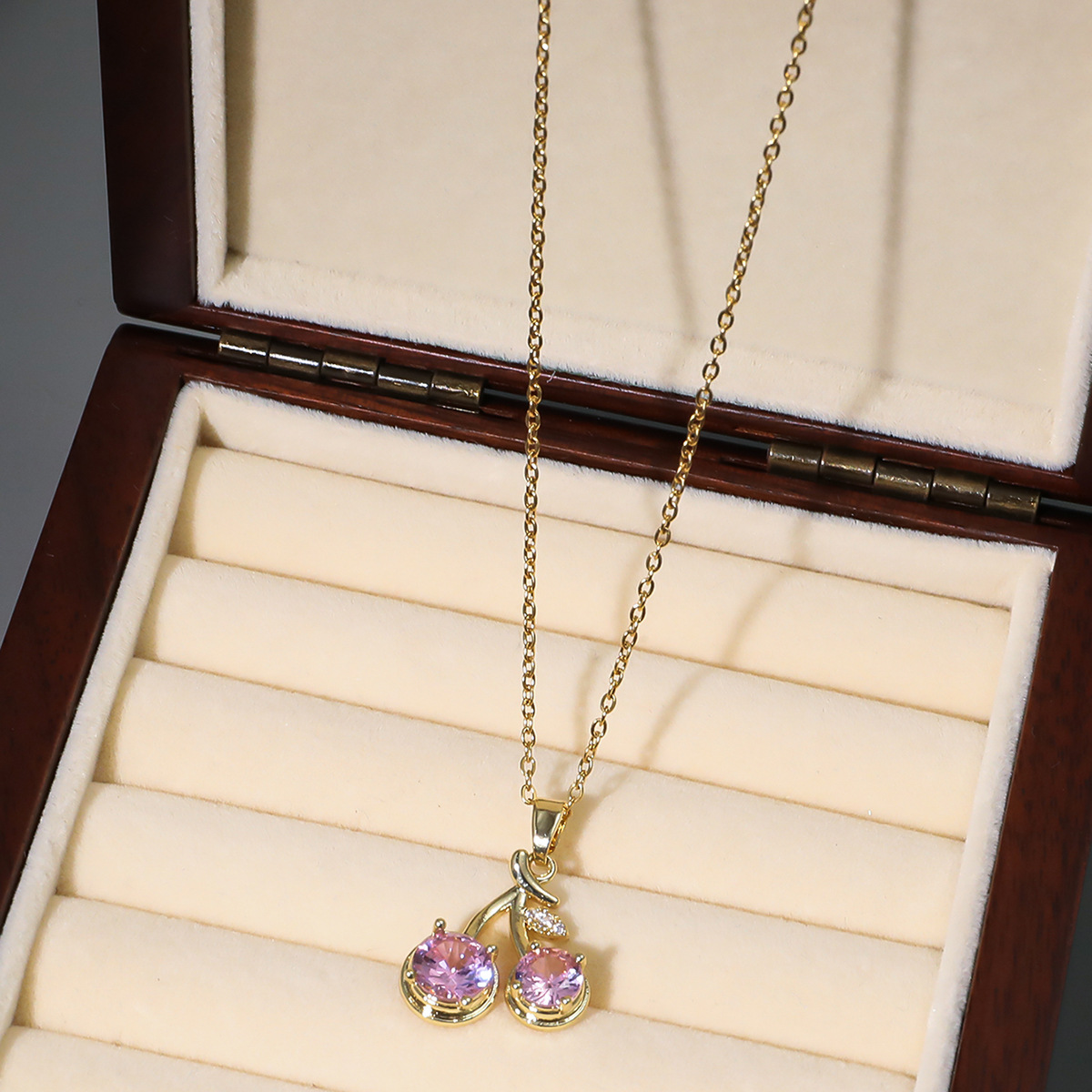 This is a unique new design pendant with a Japanese and Korean style, featuring cherry fruits and zircon. It is a stylish titanium steel necklace pic 58