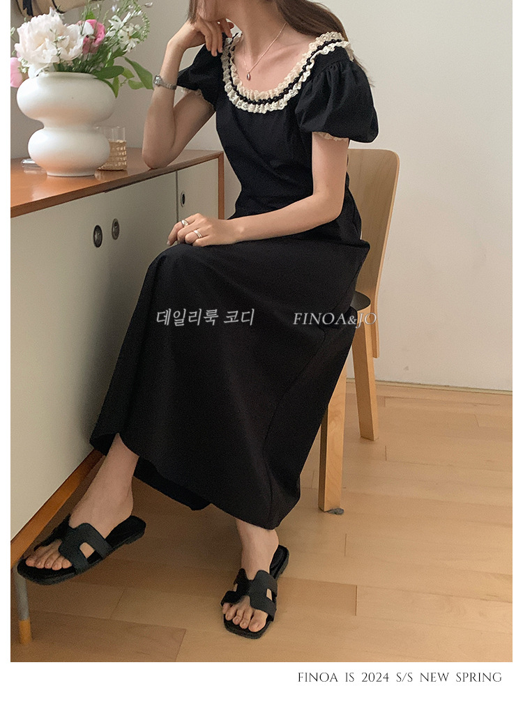 费挪 OLIVE十三行春夏新品法式优雅气质黑色蕾丝花边连衣裙2166详情11