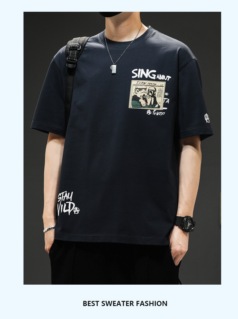 Summer short-sleeved T-shirt for men, a trendy brand, off-the-shoulder breathable casual thin half-sleeve T-shirt, round-neck five-quarter sleeve T-shirt for men pic 14