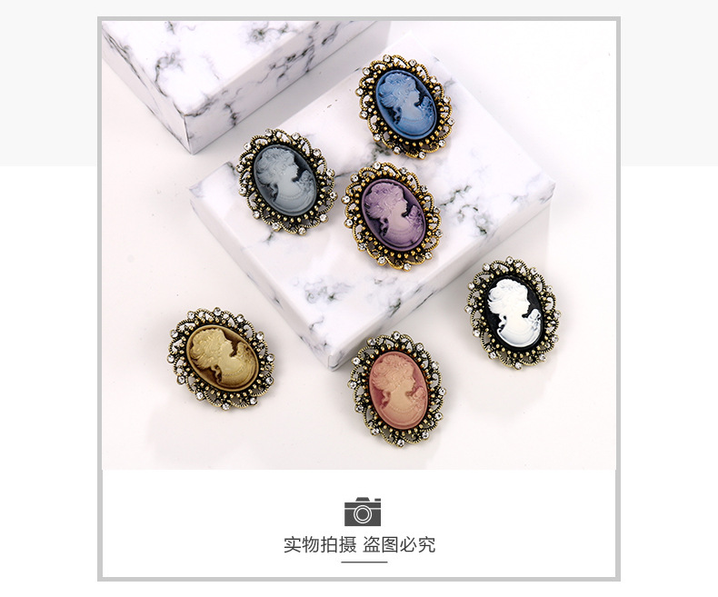 欧美时尚外贸卡梅奥胸针美人头胸花 合金水钻胸花服饰 别针配饰女详情1