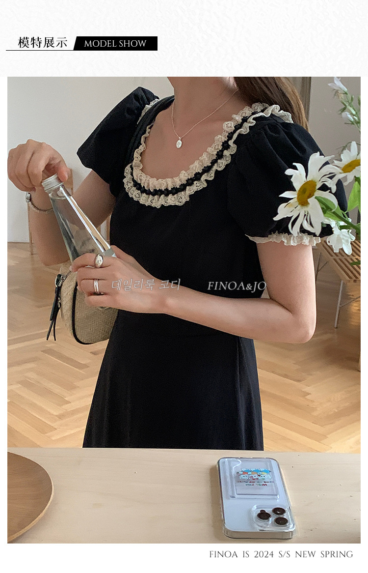 费挪 OLIVE十三行春夏新品法式优雅气质黑色蕾丝花边连衣裙2166详情6