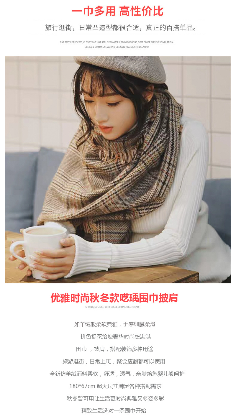 英伦格子围巾女冬季 羊绒混纺字母大披肩 千鸟格流苏潮牌羊绒围巾详情1