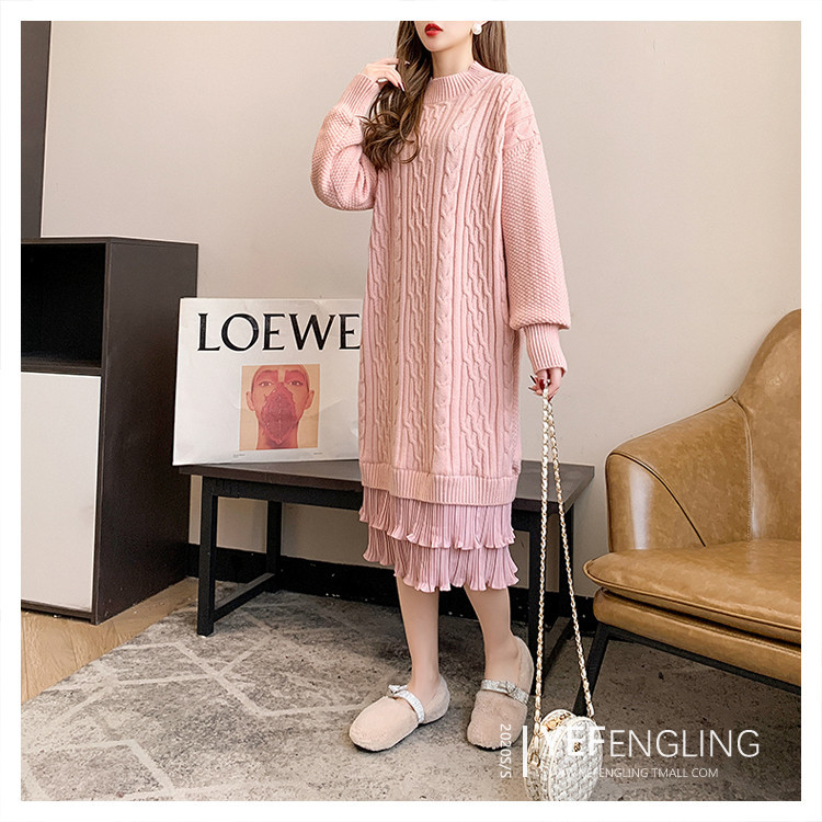 Knee-length woolen dress for women, with a loose and laid-back style of patchwork and twisted patterns, is a new thick knitted dress for autumn and winter 2020 pic 9