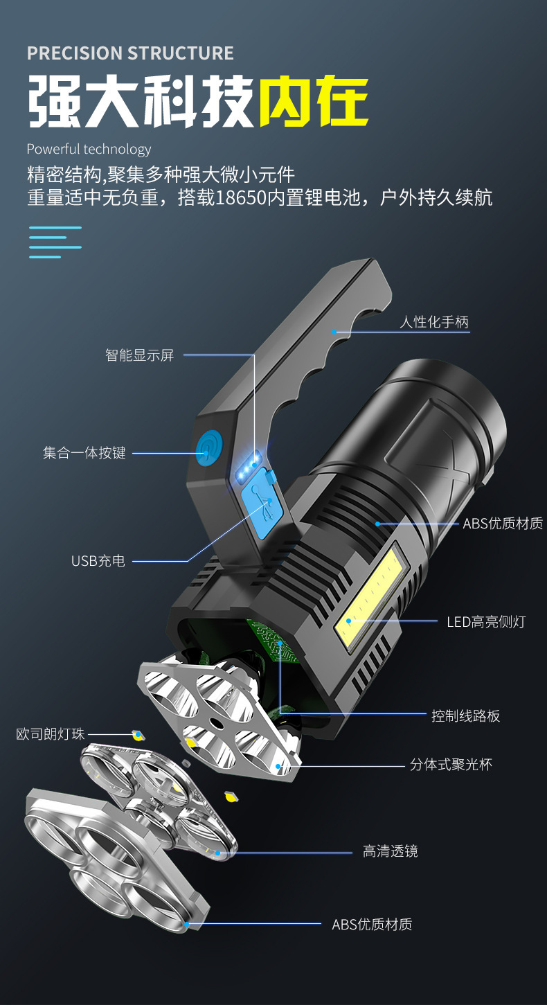 便携LED手电筒手提灯探照灯家用户外巡逻远射强光充电超亮多功能详情4