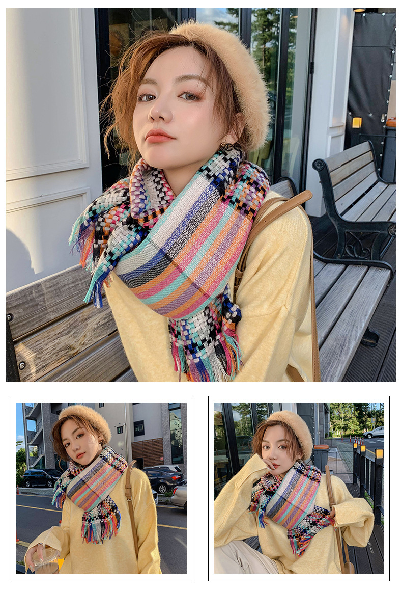秋冬新款韩版围巾女草编彩条时尚披肩加长加厚保暖田园风围巾详情9
