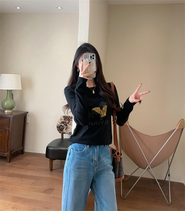 Playful and youthful embroidered printed puppy loose straight top straight-shoulder round-neck long-sleeved T-shirt for women 2025 early Spring G021418 pic 31