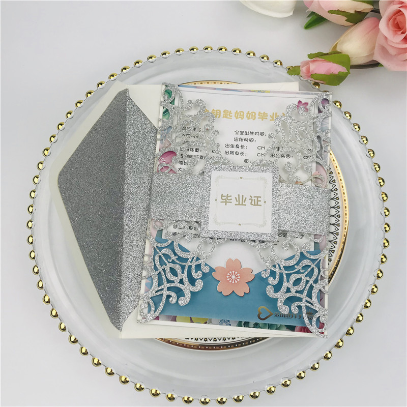Customized wedding invitations, festival greeting cards and wedding invitations made of multi-color golden scallion powder, super flash material, hollowed-out card paper pic 11