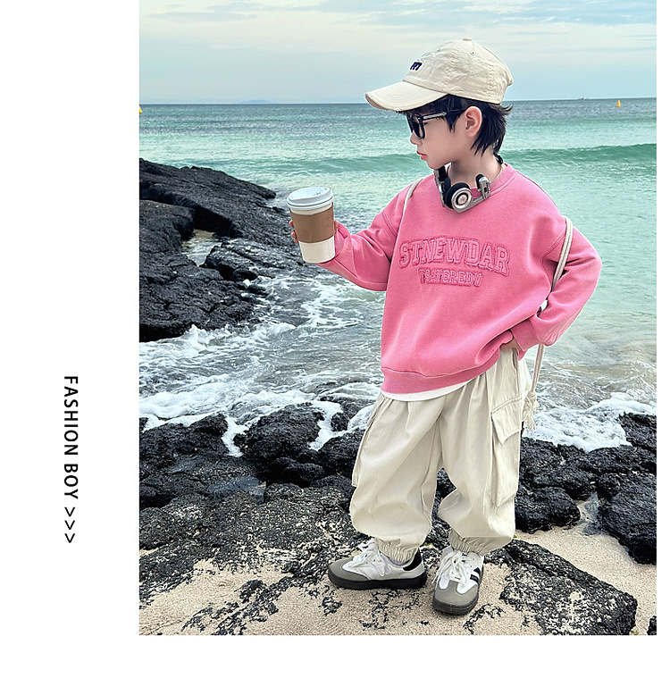 男童卫衣秋装2024新款儿童春秋款粉色长袖上衣男孩秋季宽松帅气潮详情24