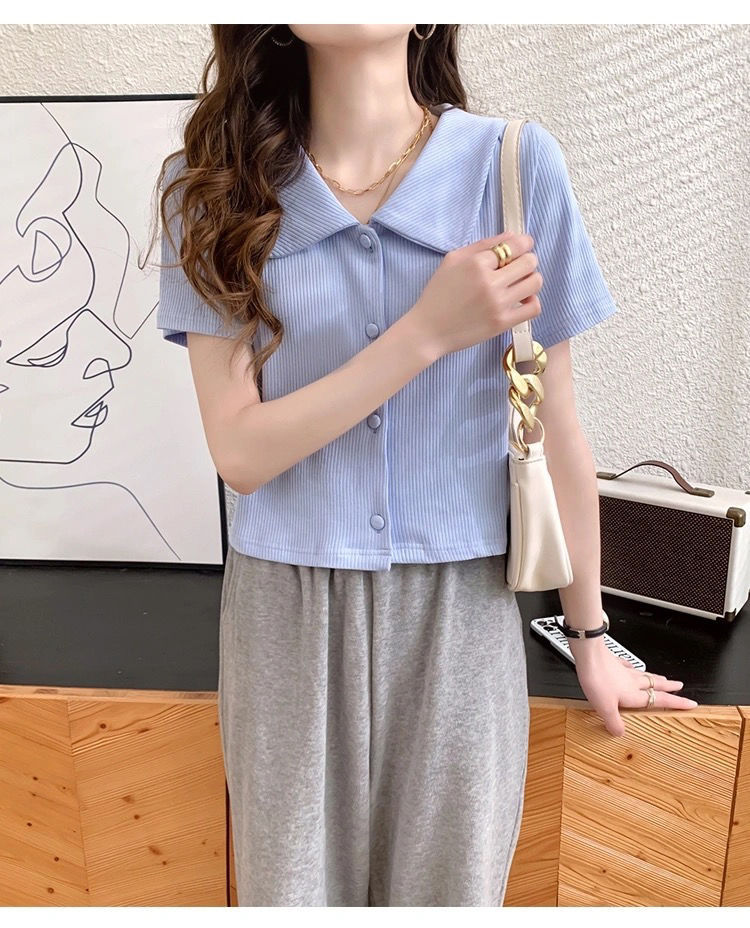 冰丝短袖上衣女2024春夏季新款韩版洋气小清新翻领百搭短款T恤开详情5