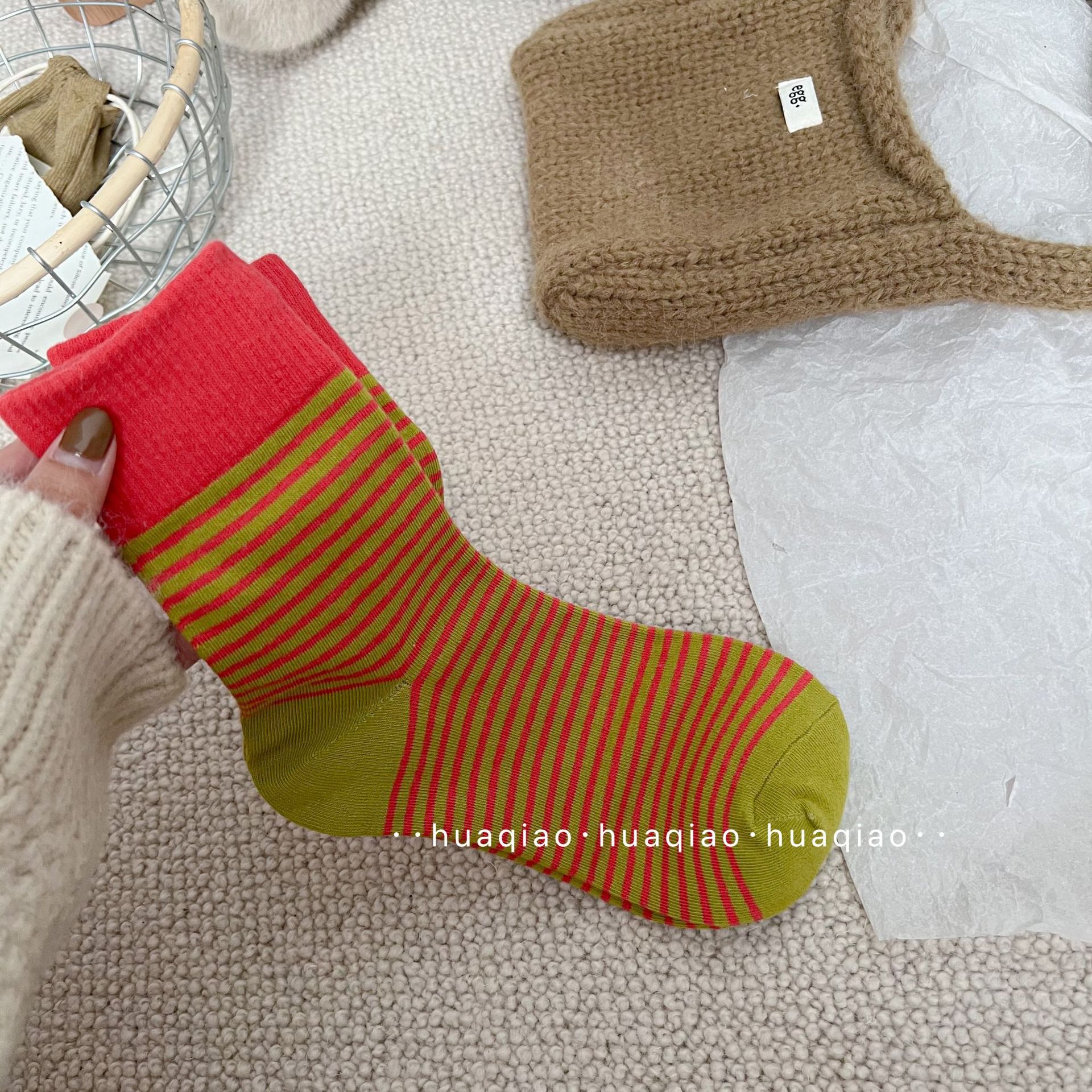 美拉德ins东大门撞色罗口条纹袜秋冬季堆堆袜休闲中筒袜女生袜子详情11