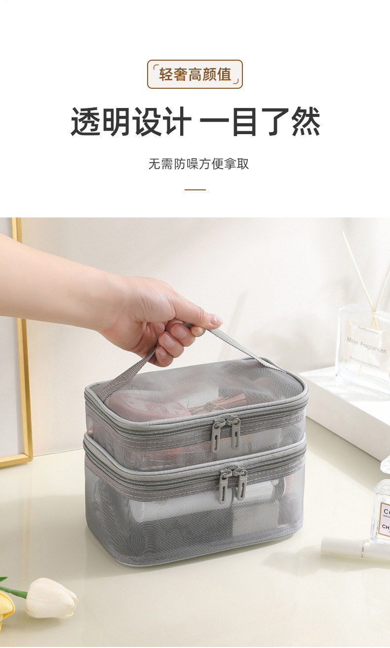 跨境现货新款手提包化妆包便携式透明大容量双层网纱洗漱收纳包袋详情5